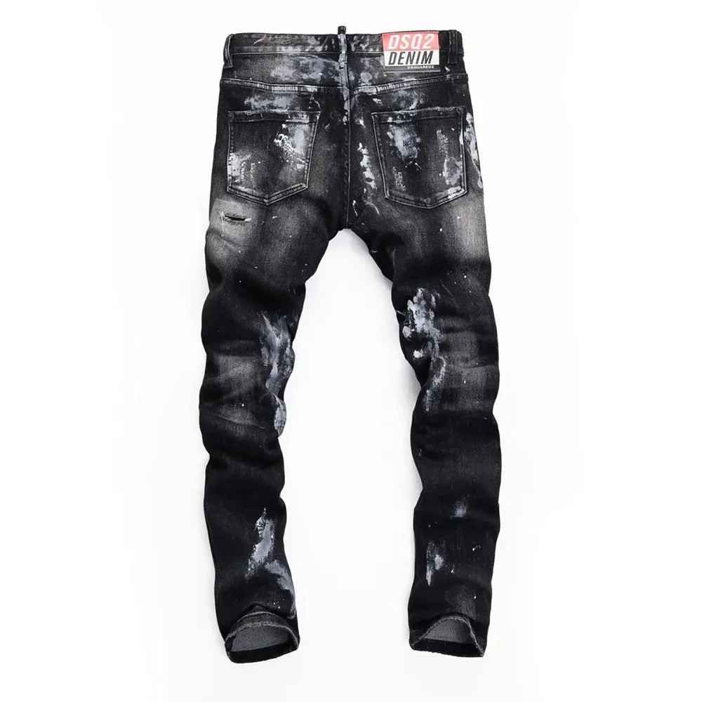 Men's Color Matching Ripped Skinny Jeans American Retro Fashion Trend Street Hip-Hop Loose Summer 2025 Summer New Men's Bottoms
