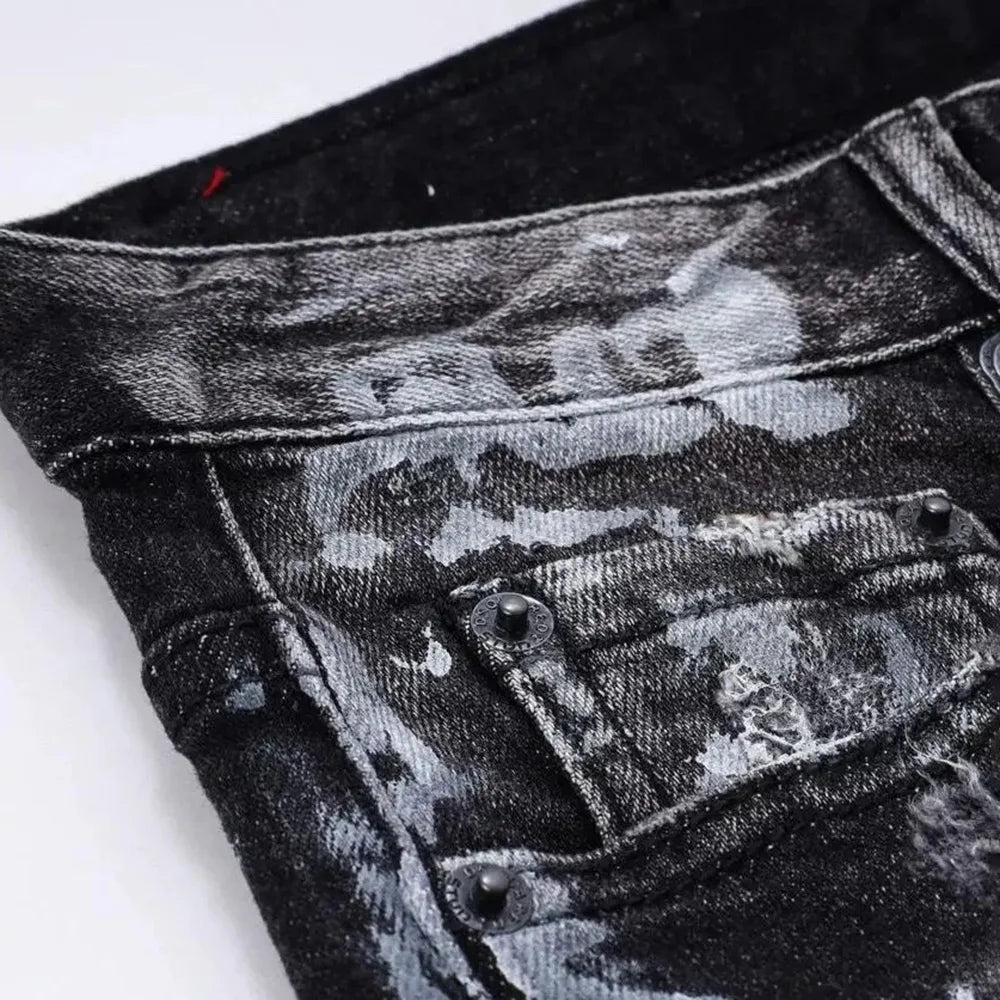 Men's Color Matching Ripped Skinny Jeans American Retro Fashion Trend Street Hip-Hop Loose Summer 2025 Summer New Men's Bottoms